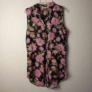 Elegant Floral Sleeveless Blouse - Pink Roses on Black